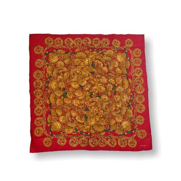 Chanel (Authentic) Red & Gold Jewel Motif 100% Silk Large 34" Vintage Scarf EUC - Picture 2 of 9